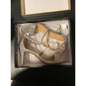 Thalia Sodi Women's Darria Fabric Open Toe Heels, Pewter, Size 8.5